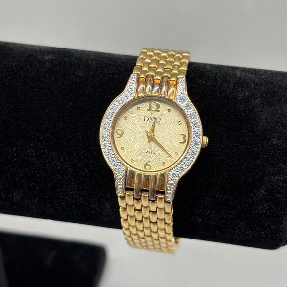 Ladies DMQ Swiss Quartz Gold Tone Watch Cubic Zirconia Bezel Bracelet Band WORKS - Picture 1 of 12